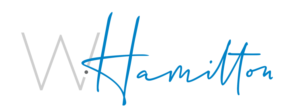 Wesley Hamilton signature script logo with gray W initial and blue Hamilton